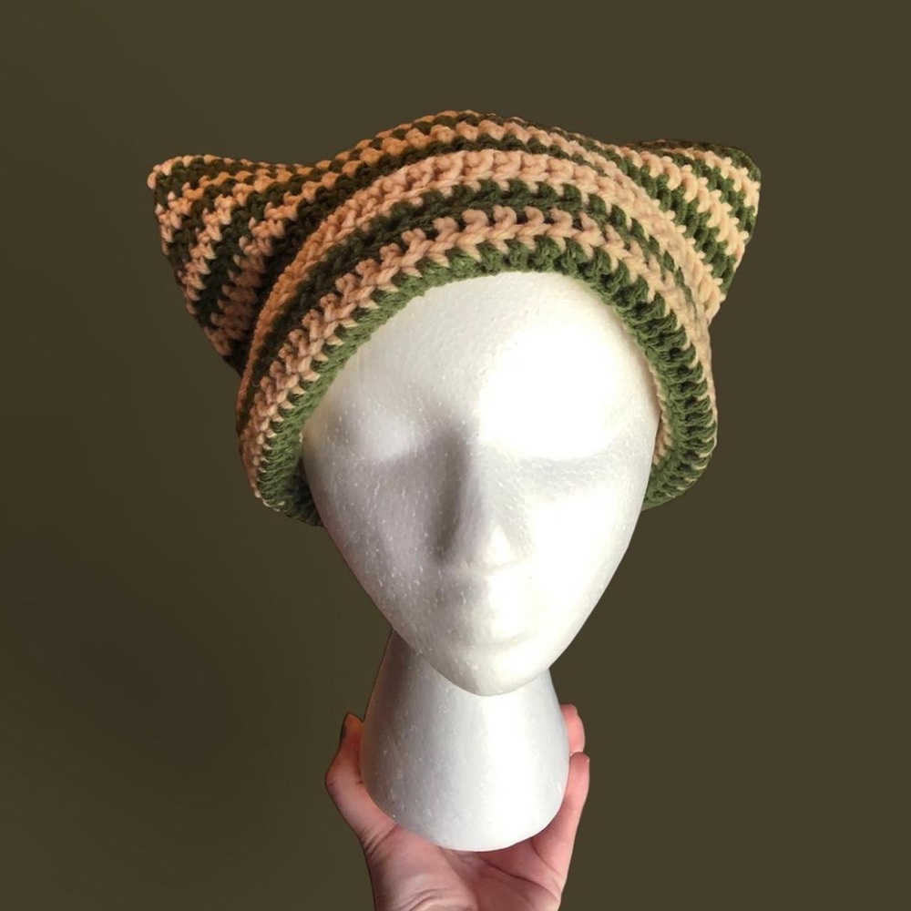 crochet tan and army green striped cat ear beanie HANDMADE